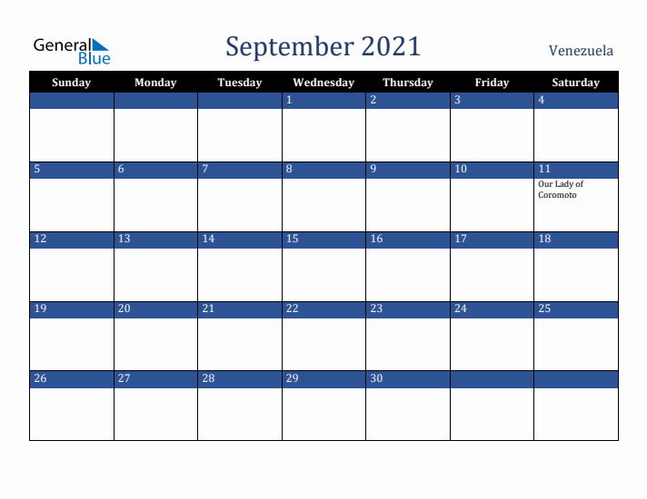 September 2021 Venezuela Calendar (Sunday Start)