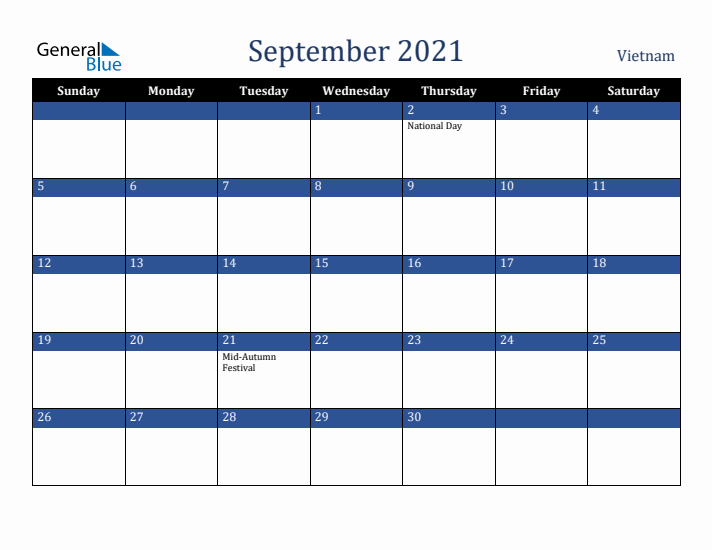 September 2021 Vietnam Calendar (Sunday Start)