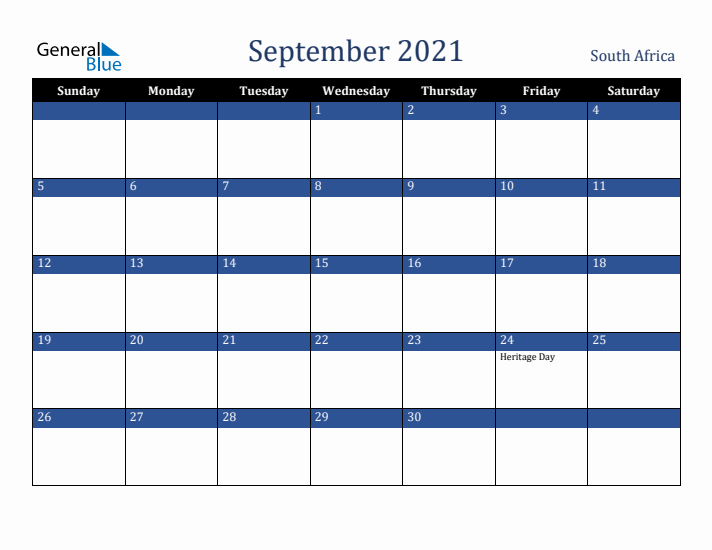September 2021 South Africa Calendar (Sunday Start)