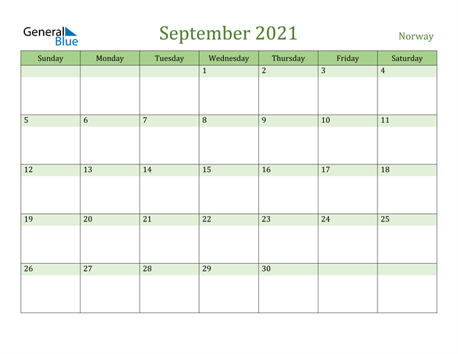 September 2021 Calendar with Norway Holidays