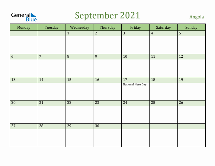 September 2021 Calendar with Angola Holidays