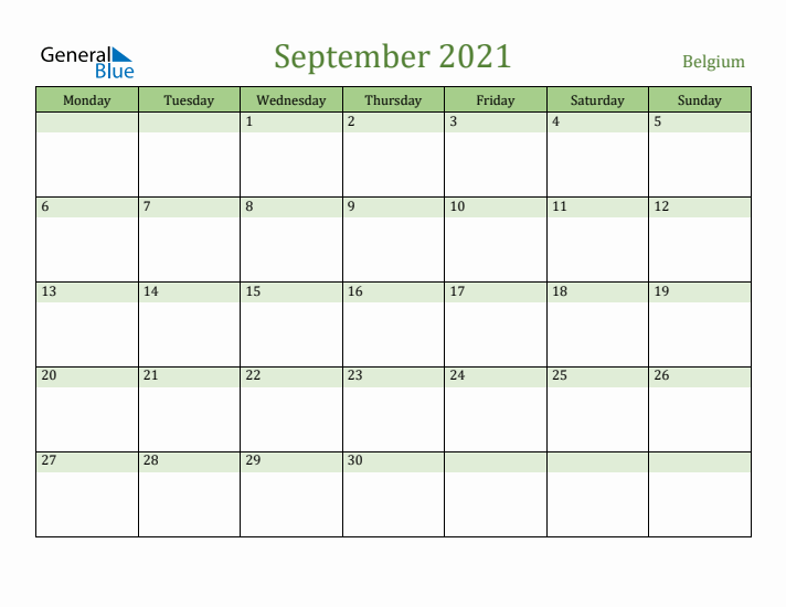 September 2021 Calendar with Belgium Holidays