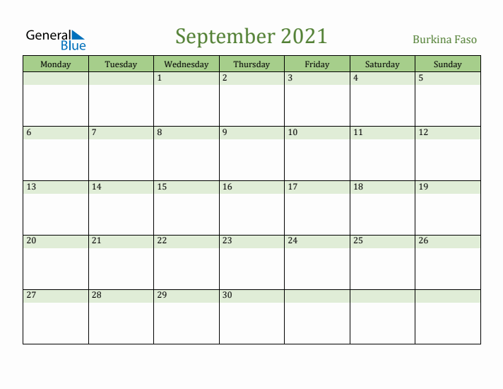 September 2021 Calendar with Burkina Faso Holidays