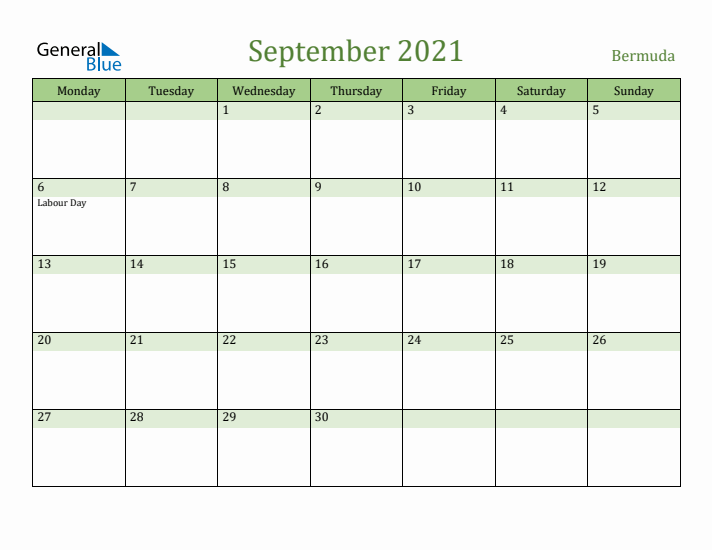 September 2021 Calendar with Bermuda Holidays