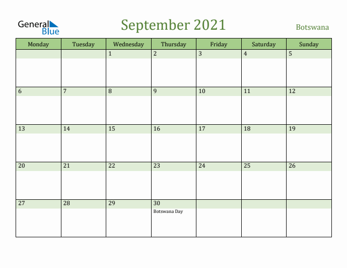 September 2021 Calendar with Botswana Holidays