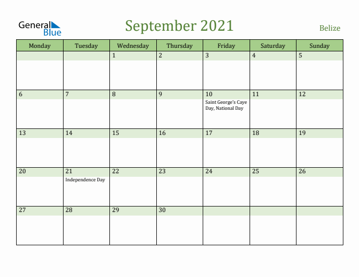September 2021 Calendar with Belize Holidays