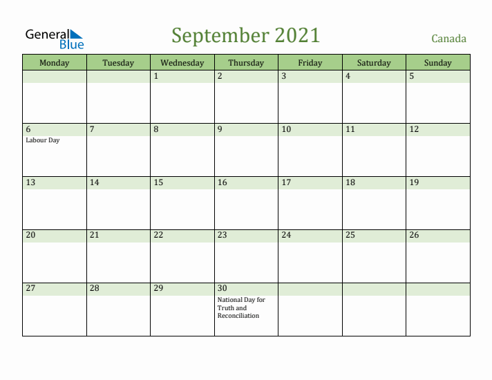 September 2021 Calendar with Canada Holidays