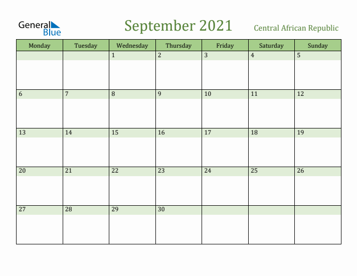 September 2021 Calendar with Central African Republic Holidays