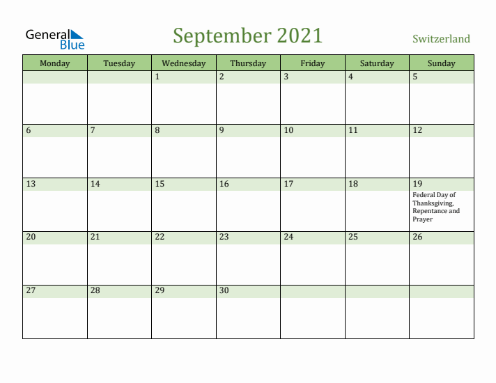 September 2021 Calendar with Switzerland Holidays