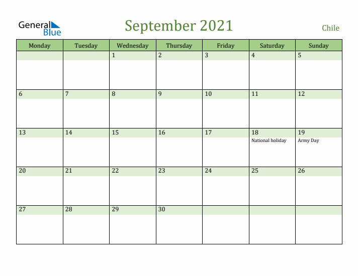September 2021 Calendar with Chile Holidays