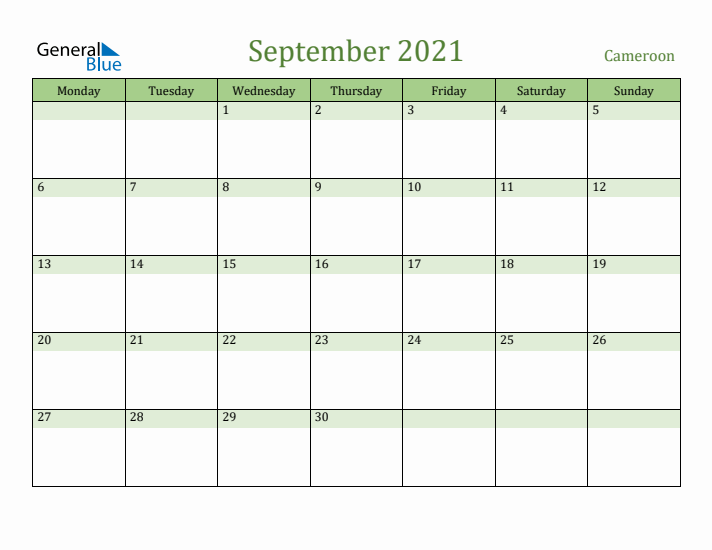 September 2021 Calendar with Cameroon Holidays