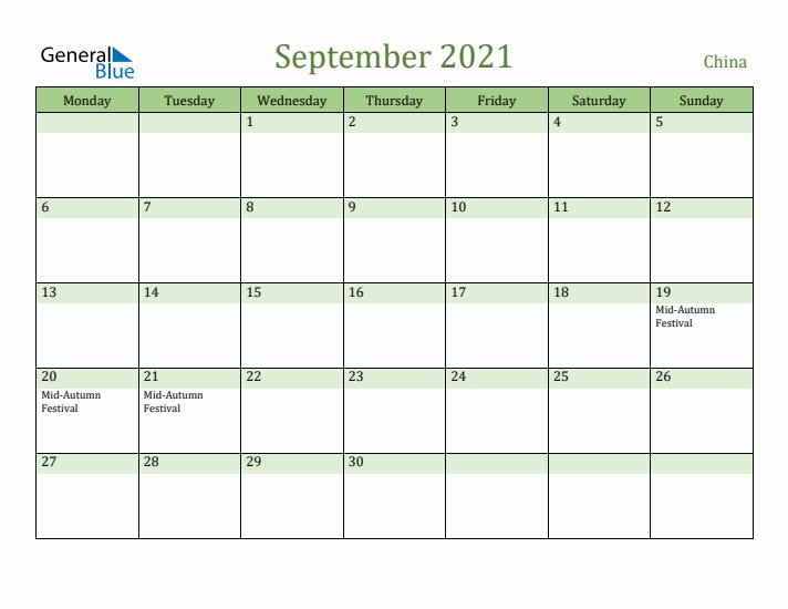 September 2021 Calendar with China Holidays