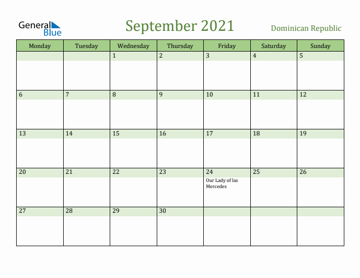 September 2021 Calendar with Dominican Republic Holidays