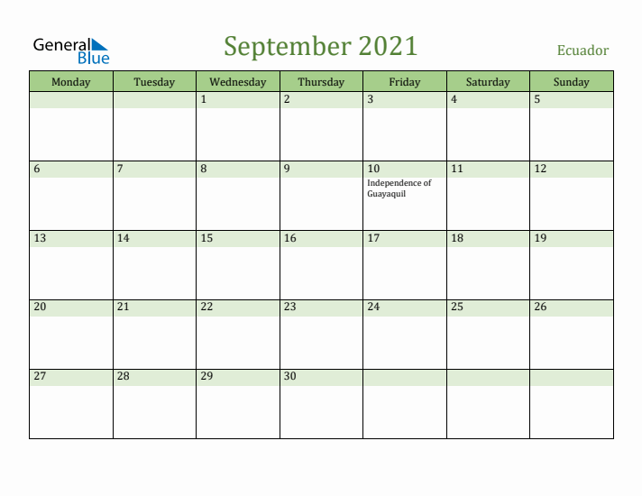 September 2021 Calendar with Ecuador Holidays