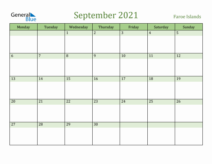 September 2021 Calendar with Faroe Islands Holidays
