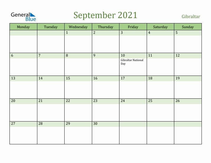 September 2021 Calendar with Gibraltar Holidays