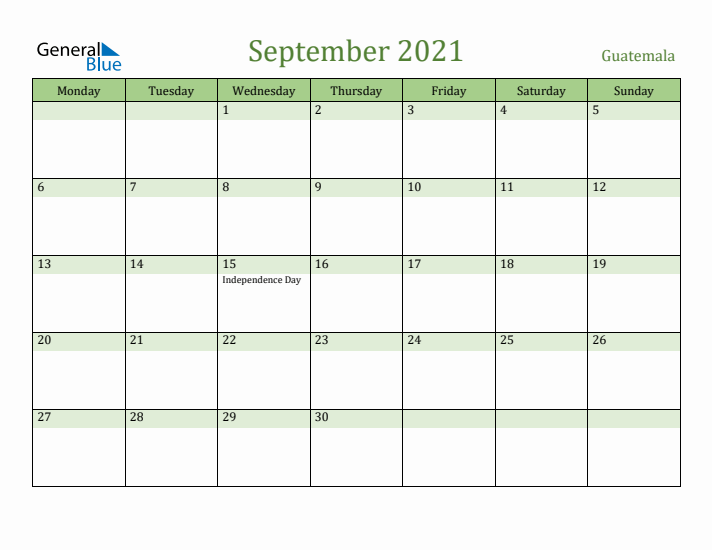 September 2021 Calendar with Guatemala Holidays