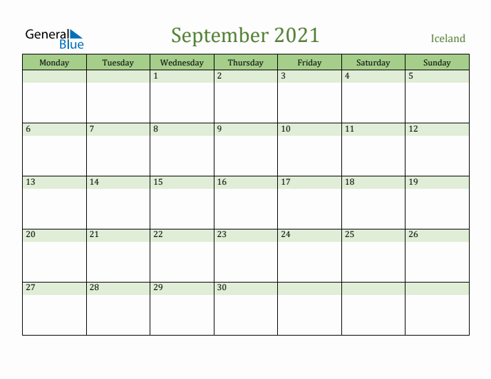 September 2021 Calendar with Iceland Holidays