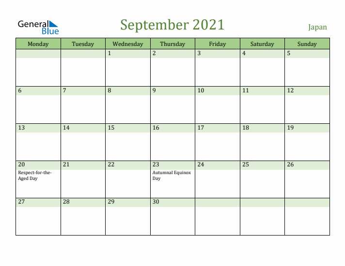 September 2021 Calendar with Japan Holidays