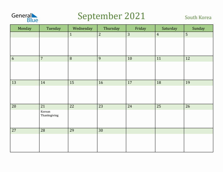 September 2021 Calendar with South Korea Holidays