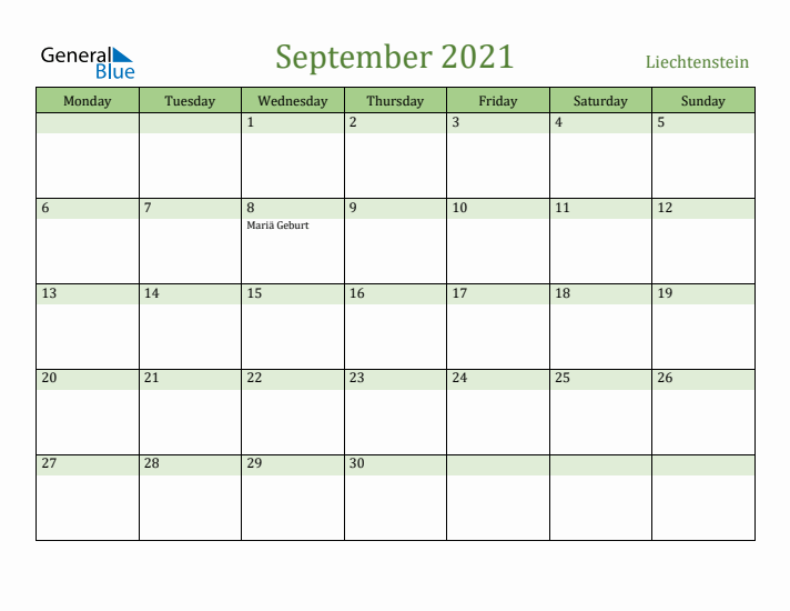 September 2021 Calendar with Liechtenstein Holidays