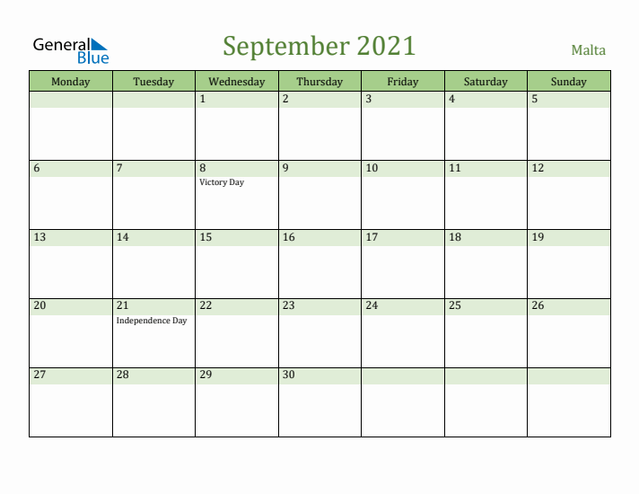 September 2021 Calendar with Malta Holidays