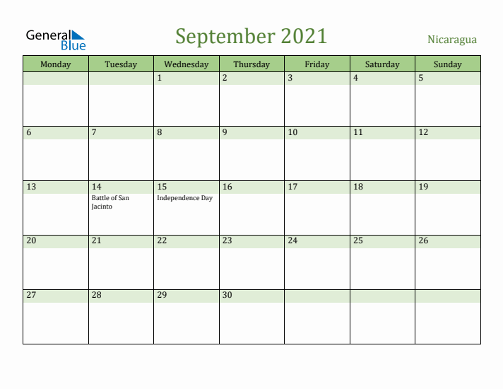 September 2021 Calendar with Nicaragua Holidays