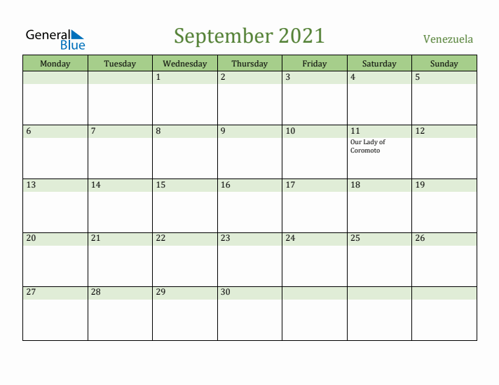 September 2021 Calendar with Venezuela Holidays