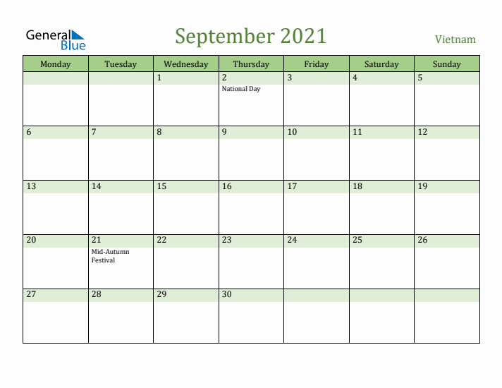 September 2021 Calendar with Vietnam Holidays