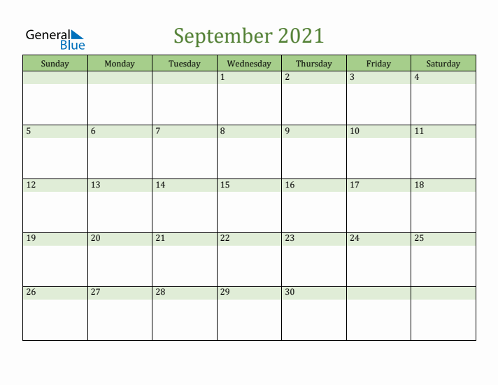 September 2021 Calendar with Sunday Start