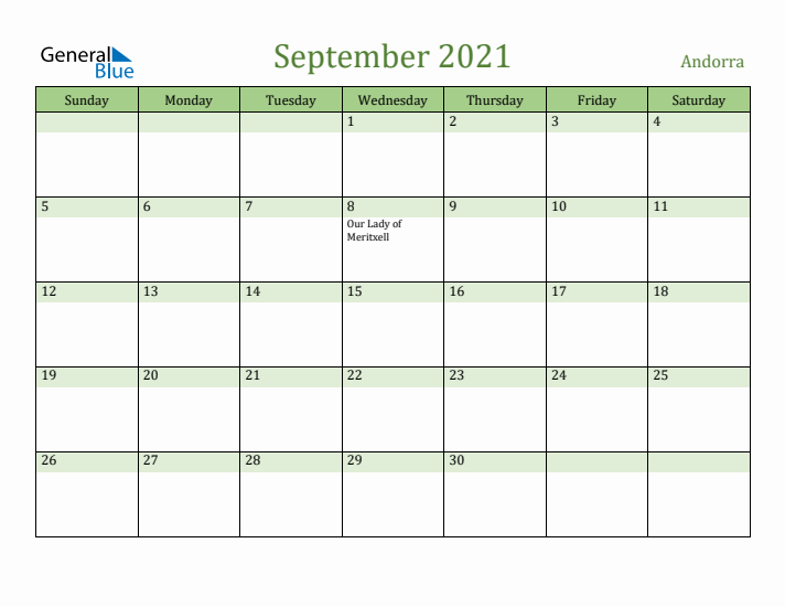 September 2021 Calendar with Andorra Holidays