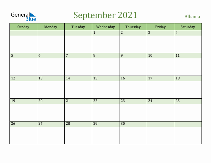 September 2021 Calendar with Albania Holidays