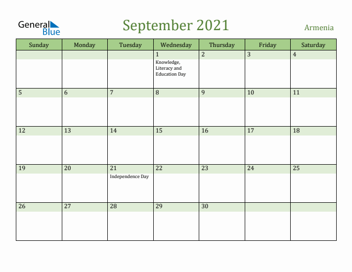 September 2021 Calendar with Armenia Holidays