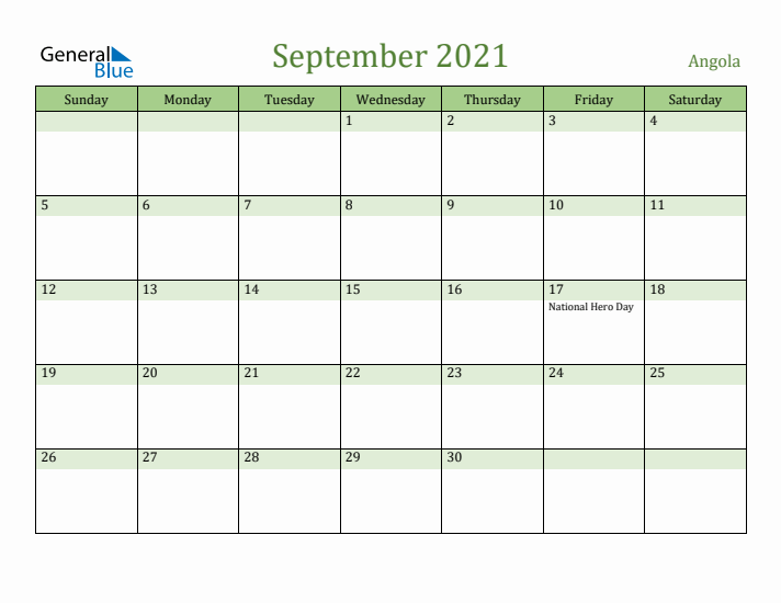 September 2021 Calendar with Angola Holidays