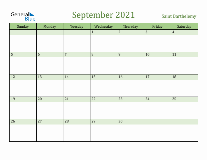 September 2021 Calendar with Saint Barthelemy Holidays
