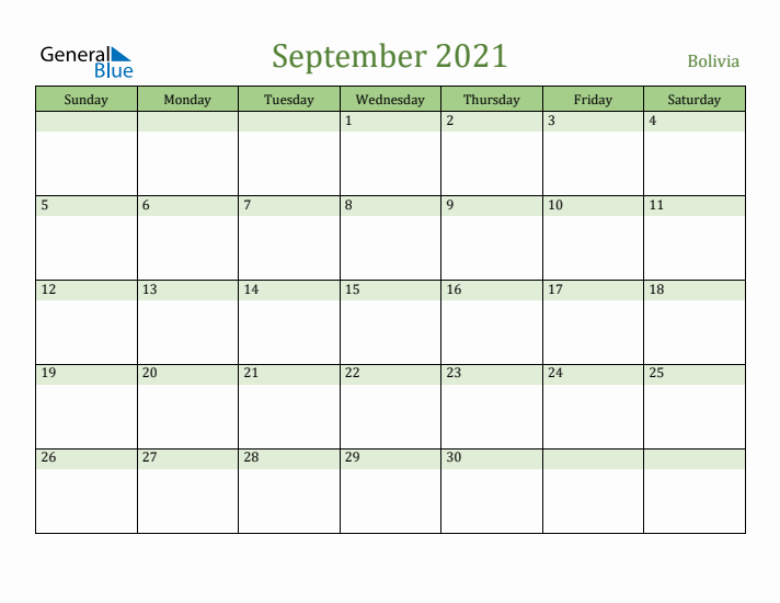 September 2021 Calendar with Bolivia Holidays
