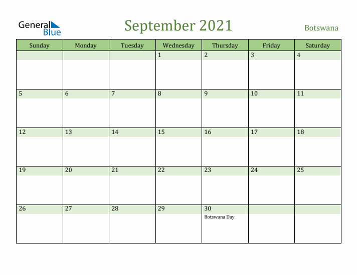 September 2021 Calendar with Botswana Holidays