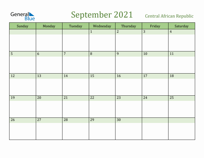 September 2021 Calendar with Central African Republic Holidays