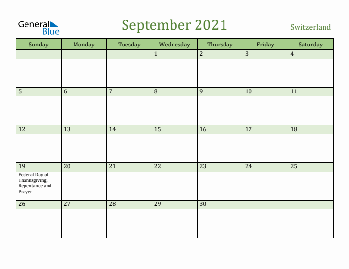 September 2021 Calendar with Switzerland Holidays