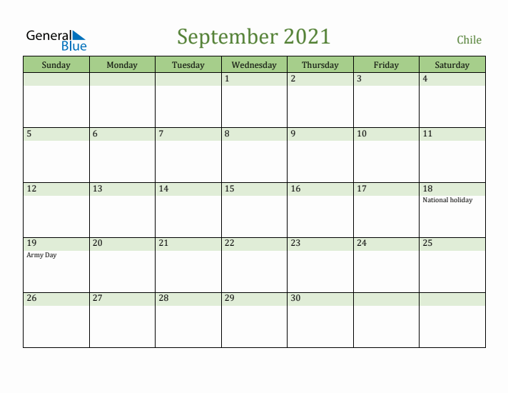 September 2021 Calendar with Chile Holidays