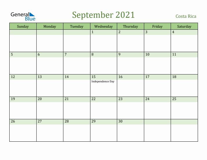 September 2021 Calendar with Costa Rica Holidays