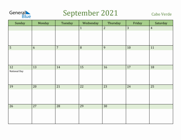 September 2021 Calendar with Cabo Verde Holidays