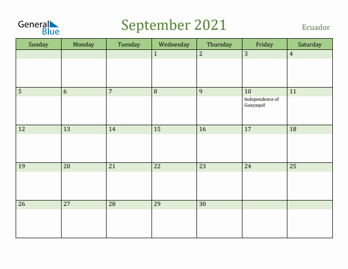 September 2021 Calendar with Ecuador Holidays