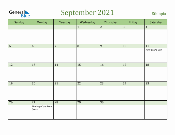 September 2021 Calendar with Ethiopia Holidays