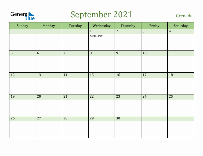 September 2021 Calendar with Grenada Holidays