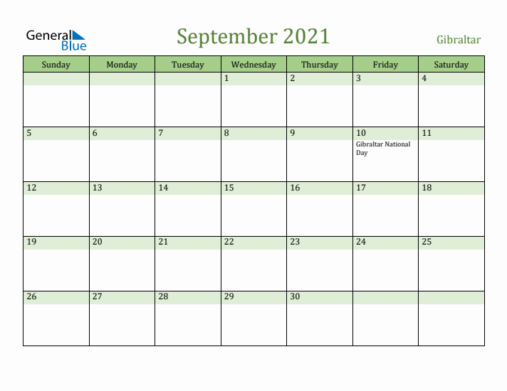 September 2021 Calendar with Gibraltar Holidays