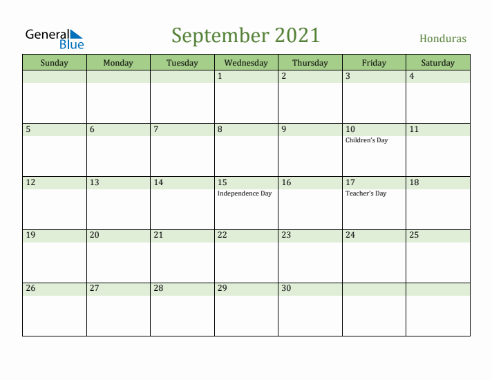 September 2021 Calendar with Honduras Holidays