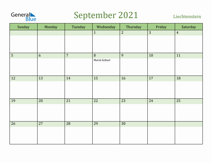 September 2021 Calendar with Liechtenstein Holidays