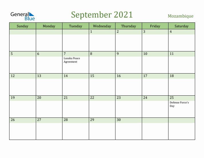 September 2021 Calendar with Mozambique Holidays