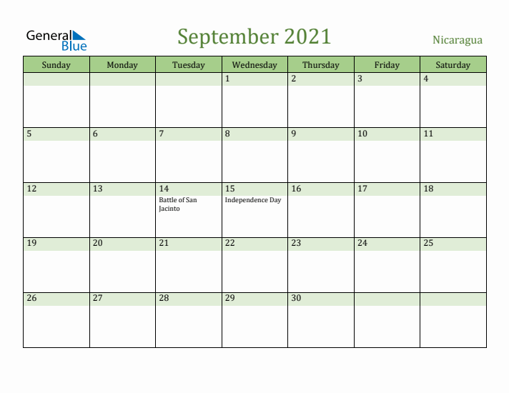 September 2021 Calendar with Nicaragua Holidays